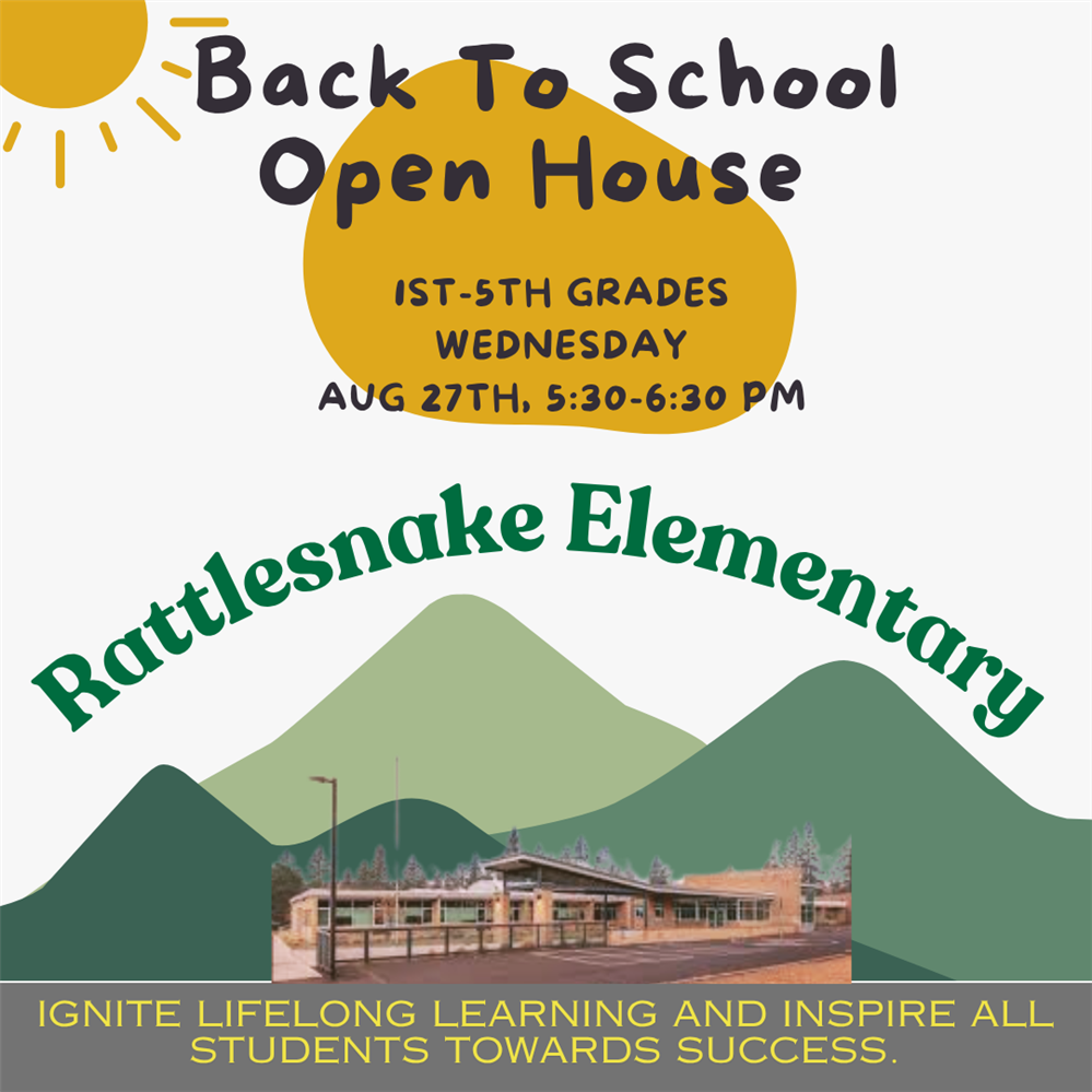  An image of a school in a mountain setting with information regarding open house on  8/27, 5:30-6:3